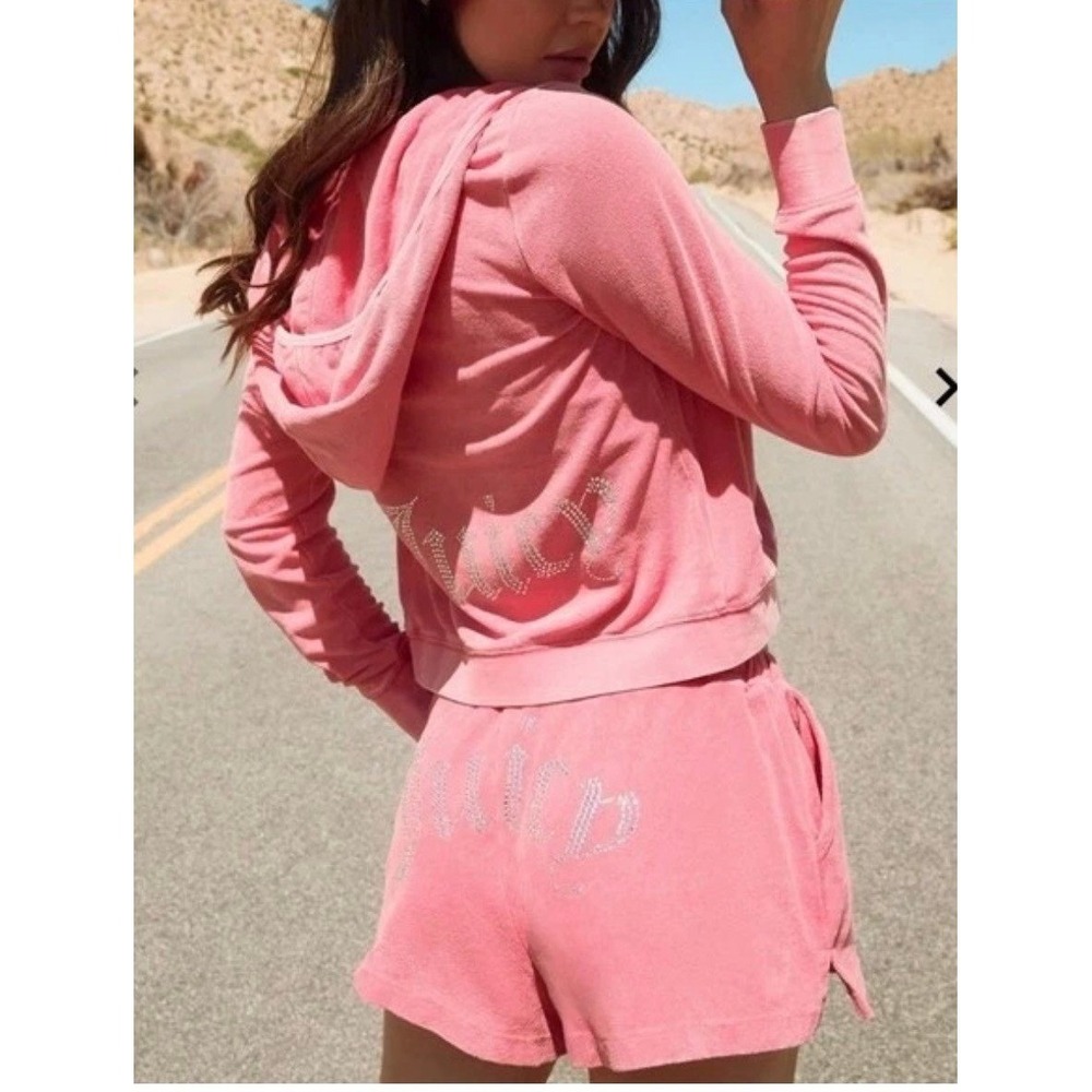 Juicy Couture Flamingo Pink Velour Rhinestone Hoodie & Shorts Set large NEW